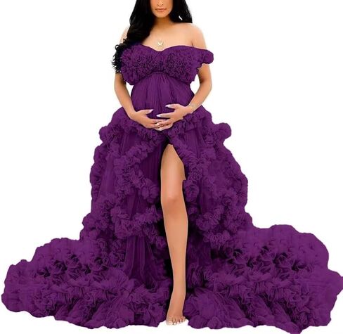 Off Shoulder Maternity Dresses Long Robe for Photoshoot Tulle Puffy Ruffles Pregnancy Gown for Baby Shower in Saudi Arabia
