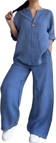 Women's V-Neck Casual Suit, Cotton and Linen Long Sleeve and Wide Leg Pants Suit, 2025 Spring Fashion Solid Color 2-Piece Set in Saudi Arabia