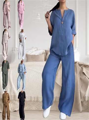 Women's V-Neck Casual Suit, Cotton and Linen Long Sleeve and Wide Leg Pants Suit, 2025 Spring Fashion Solid Color 2-Piece Set in Saudi Arabia