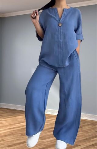 Women's V-Neck Casual Suit, Cotton and Linen Long Sleeve and Wide Leg Pants Suit, 2025 Spring Fashion Solid Color 2-Piece Set in Saudi Arabia