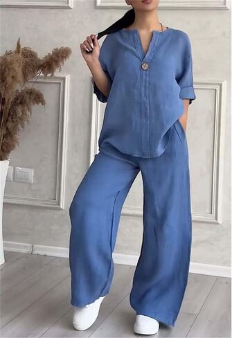 Women's V-Neck Casual Suit, Cotton and Linen Long Sleeve and Wide Leg Pants Suit, 2025 Spring Fashion Solid Color 2-Piece Set in Saudi Arabia