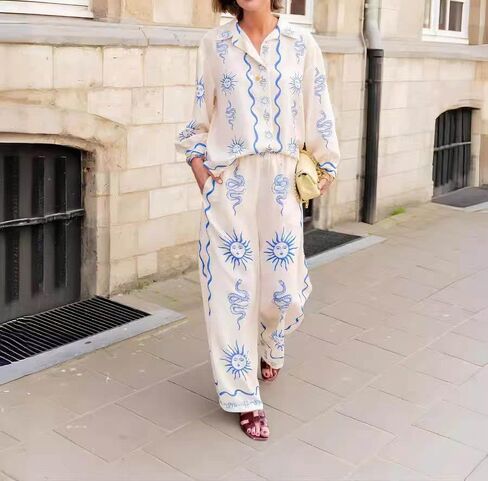 Women 2024 Loose 2 Piece Outfits Long Sleeve Graphic Print Button Down Shirt High Waist Wide Pants Set Streetwear Suit in Saudi Arabia