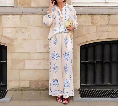 Women 2024 Loose 2 Piece Outfits Long Sleeve Graphic Print Button Down Shirt High Waist Wide Pants Set Streetwear Suit in Saudi Arabia