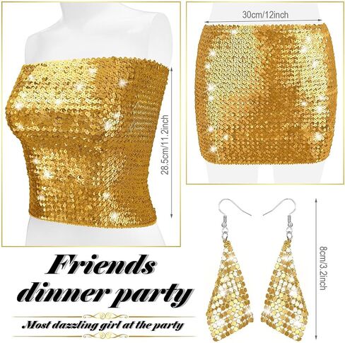 Women's Sparkly Sequin Crop Tops Strapless Metallic Tube Tops with Metal Mesh Drop Dangle Earrings for Party Clubwear (Gold) in Saudi Arabia