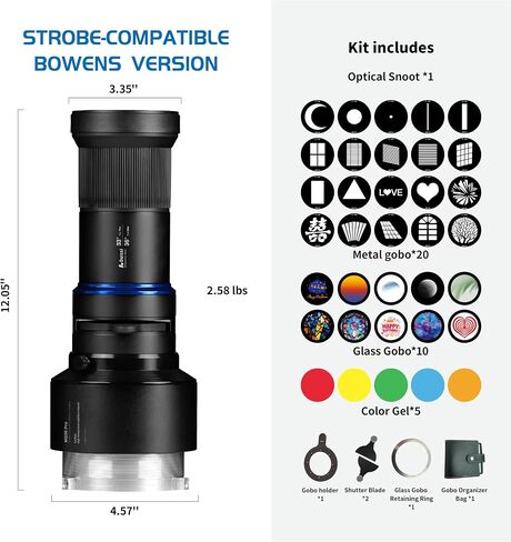 MG06 Pro Optical Bowens Mount Snoot kit with 30 gobos, 33° Lens Optical Snoot Spotlight for Photography Spotlight Projector kit, (Bowens Mount for Strobe Lights) in Kuwait