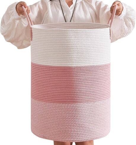 CLHMILY&Z 80L Laundry Basket Round Storage Rope Basket - 16.5x22.5 Inches - Pink Hamper in Bedreoom and Cute Storage Bin for Blankets, Toys, and Nursery Essentials in Saudi Arabia