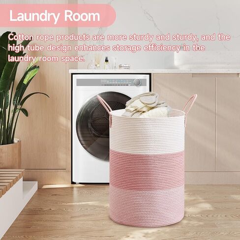 CLHMILY&Z 80L Laundry Basket Round Storage Rope Basket - 16.5x22.5 Inches - Pink Hamper in Bedreoom and Cute Storage Bin for Blankets, Toys, and Nursery Essentials in Saudi Arabia