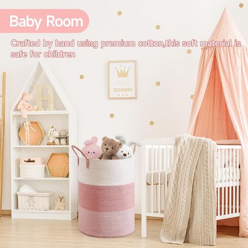CLHMILY&Z 80L Laundry Basket Round Storage Rope Basket - 16.5x22.5 Inches - Pink Hamper in Bedreoom and Cute Storage Bin for Blankets, Toys, and Nursery Essentials in Saudi Arabia
