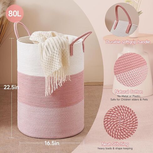 CLHMILY&Z 80L Laundry Basket Round Storage Rope Basket - 16.5x22.5 Inches - Pink Hamper in Bedreoom and Cute Storage Bin for Blankets, Toys, and Nursery Essentials in Saudi Arabia