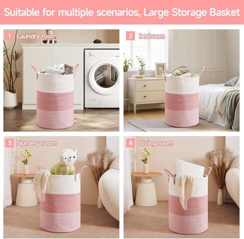 CLHMILY&Z 80L Laundry Basket Round Storage Rope Basket - 16.5x22.5 Inches - Pink Hamper in Bedreoom and Cute Storage Bin for Blankets, Toys, and Nursery Essentials in Saudi Arabia