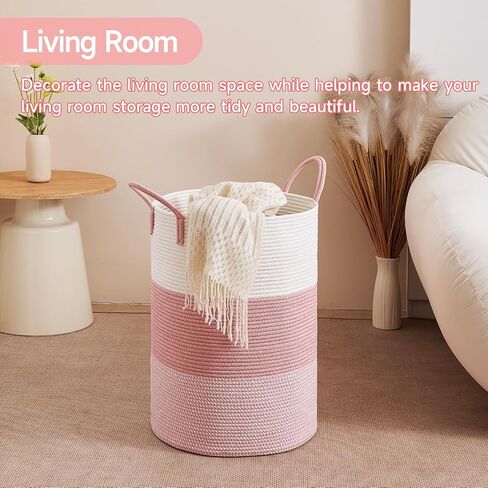 CLHMILY&Z 80L Laundry Basket Round Storage Rope Basket - 16.5x22.5 Inches - Pink Hamper in Bedreoom and Cute Storage Bin for Blankets, Toys, and Nursery Essentials in Saudi Arabia