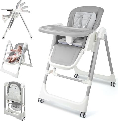 High Chairs for Babies and Toddlers Foldable High Chair Adjustable with Reclining Seat & Leg Rest, 3-in-1 Convertible Baby Swings with Tool-Free Assembly (Grey) in Saudi Arabia
