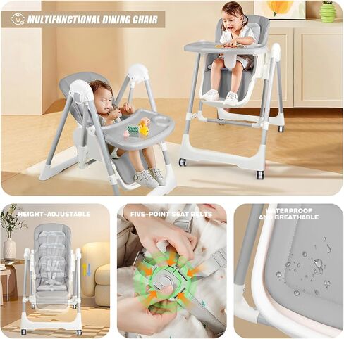 High Chairs for Babies and Toddlers Foldable High Chair Adjustable with Reclining Seat & Leg Rest, 3-in-1 Convertible Baby Swings with Tool-Free Assembly (Grey) in Saudi Arabia