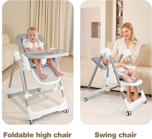 High Chairs for Babies and Toddlers Foldable High Chair Adjustable with Reclining Seat & Leg Rest, 3-in-1 Convertible Baby Swings with Tool-Free Assembly (Grey) in Saudi Arabia