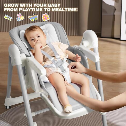 High Chairs for Babies and Toddlers Foldable High Chair Adjustable with Reclining Seat & Leg Rest, 3-in-1 Convertible Baby Swings with Tool-Free Assembly (Grey) in Saudi Arabia