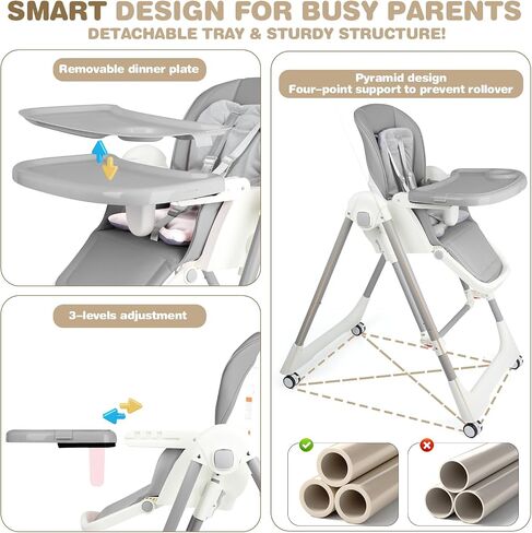High Chairs for Babies and Toddlers Foldable High Chair Adjustable with Reclining Seat & Leg Rest, 3-in-1 Convertible Baby Swings with Tool-Free Assembly (Grey) in Saudi Arabia