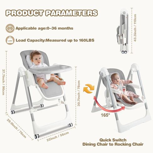 High Chairs for Babies and Toddlers Foldable High Chair Adjustable with Reclining Seat & Leg Rest, 3-in-1 Convertible Baby Swings with Tool-Free Assembly (Grey) in Saudi Arabia