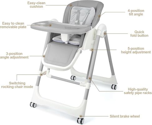 High Chairs for Babies and Toddlers Foldable High Chair Adjustable with Reclining Seat & Leg Rest, 3-in-1 Convertible Baby Swings with Tool-Free Assembly (Grey) in Saudi Arabia