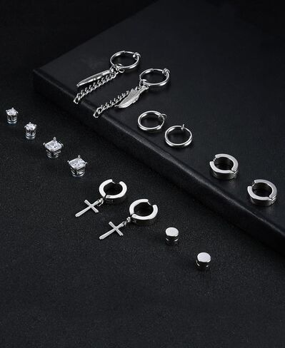 Ofeiyaa 7 Pairs Magnetic Stud Earring Stainless Steel CZ Clip On Earring Non- Piercing Huggie Cross Chain Pendant Earring Feather Hinged Hoop Earrings Set For Women Men Black Silver Tone. in Kuwait