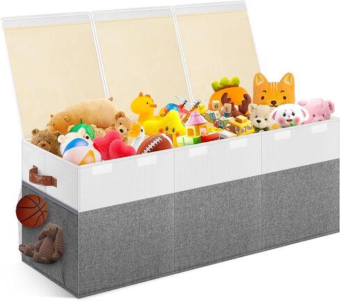 Extra Large Toy Box, Collapsible Toy Storage Chest with Lids, 40"X14"X16" | Sturdy Storage Organizer Bin with Divider for Kids, Boys, Girls, Playroom Bedroom Nursery Organization, White & Gray in Saudi Arabia
