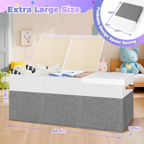 Extra Large Toy Box, Collapsible Toy Storage Chest with Lids, 40"X14"X16" | Sturdy Storage Organizer Bin with Divider for Kids, Boys, Girls, Playroom Bedroom Nursery Organization, White & Gray in Saudi Arabia