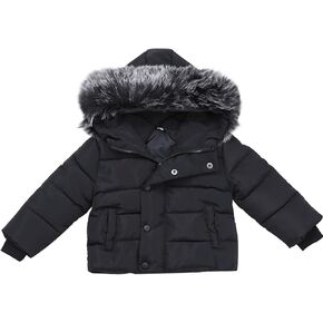 Baby Boy Girls Hooded Snowsuit Winter Warm 𝐅𝘂𝐫 Collar Hooded Coat Down Windproof Jacket (Black, 12-18 Months)