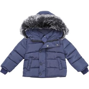 Baby Boy Girls Hooded Snowsuit Winter Warm 𝐅𝘂𝐫 Collar Hooded Coat Down Windproof Jacket (Navy, 12-18 Months)