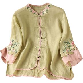 Womens Peasant Tops 3/4 Sleeve Cotton Linen Blouses Summer Fashion Retro Chinese Frog Button Floral Embroidered Shirts