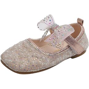 Girls Glitter Dress up Shoes Flats Low Wedge Pumps with Pearls Rhinestone for Flower Girl Princess Wedding Party