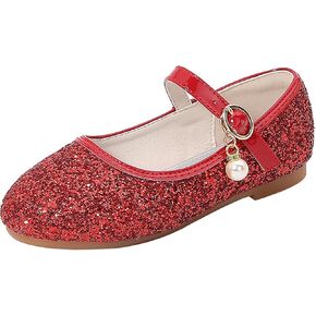 Flower Girls Dress Shoes Toddler Kids Wedding Heel Mary Jane Shoes Glitter Flat Shoes Girls Sandals Youth (Red, 6.5 Infant)