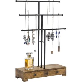 MyGift 3-Tier Gold Metal Jewelry Organizer Stand, Necklace and Bracelet Hanging Bar with Vintage White Wood Ring Tray in Kuwait