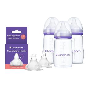 Lansinoh NaturalWave Slow Flow Nipples (2 ct) + 8 oz Anti-Colic Baby Bottles (3 ct) with Medium Flow Nipples, BPA-Free, Soft Silicone Design for Comfortable Feeding