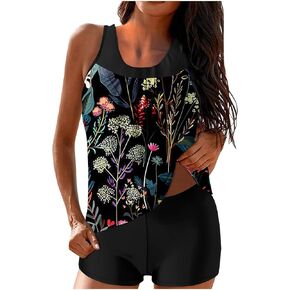Tankini Swimsuits for Women Two Piece High Waisted Bathing Suits Casual Wide Strap Tops and Boyshorts Swimwear Set