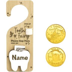 WALLFID 2-in-1 Customizable Tooth Fairy Tooth Holder & Door Hanger,Includes a Tooth Fairy Coin,Personalizable with Name and Date,Used for Holding Lost Teeth and Small Gifts (Wood 1)