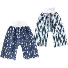 Happy Cherry Diaper Shorts Waterproof Bedtime Breathable Washable Cotton Anti Bed-wetting Pants 2 Pack Navy Bear2+Green Lion2 M
