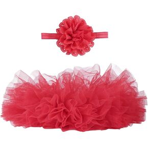 Angla 2pcs Flower Headband Tutu Skirt for Newborn Baby Girl Toddlers Infant 0-12 Months (Red)