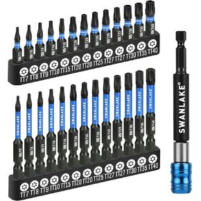 SWANLAKE Impact Torx Bit Set, 27-piece 1''&2'' Security Tamper Proof Magnetic Screwdriver Bits, T7-T40 CNC Machined Tips, S2 Steel Long Torque Star Bits with 4'' Impact Bit Holder and Storage Box
