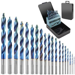 19Pcs Cobalt Drill Bit Set, 135 Degree Tip High Speed Steel with Blue Oxide Finish, Stainless Steel, Plastic and Wood with Metal Indexed Storage Case