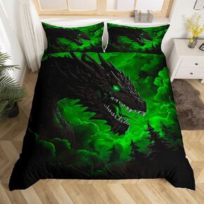 jejeloiu Green Dragon Duvet Cover Toddler Size Western Fairy Dragons Bedding Set for Kids Boys Girls Decor Magical Dinosaur Comforter Cover Breathable Soft Lightweight Microfiber Galaxy Bedroom Decor