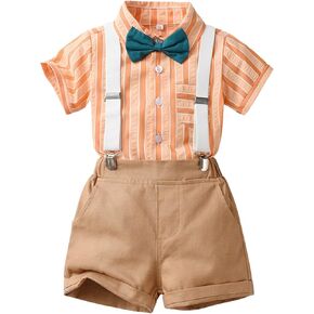 Baby Boys Gentleman Outfit Suit Infant Short Sleeve Striped Print Shirt+Shorts+Bow Tie+Suspenders Toddler Clothes Set