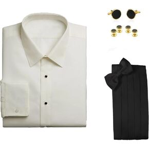 Elegant Tuxedo Package-Ivory Laydown Microfiber Shirt, Silk Accessories, Gold Onyx Cufflinks