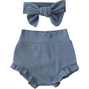 Newborn Infant Baby Girls Ruffle Bloomer Shorts Elastic High Waist Bloomers PP Pants with Headband Set