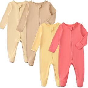 Aablexema Baby Footed Pajamas with Mitten Cuffs Zipper 4-Pack Infant Newborn Cotton Long Sleeve Outfit