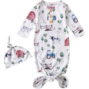 Baby Newborn Knotted Gown Soft Infant Long Sleeve Sleepwear for Girl Boy,Baby 𝐂oming Home Outfit with Hat Set