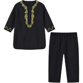 Boys Muslim Outfit Ramadan Eid Kids Boys Thobe Islamic Clothing Kaftan Embroidered Robe with Pants Toddler Arabic Thobe