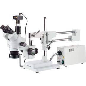 AmScope SM-4TPZ-FOR-5M Digital Professional Trinocular Stereo Zoom Microscope with Simultaneous Focus Control, WH10x Eyepieces, 3.5X-90X Magnification, 0.7X-4.5X Zoom Objective, Fiber-Optic Ring Light, Double-Arm Boom Stand, 110V-120V, Includes 0.5X and 2