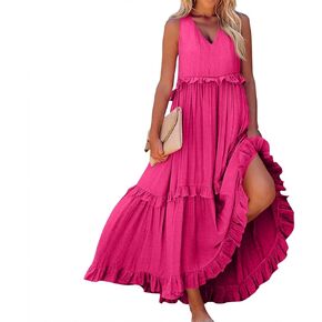 Womens Maxi Dress Sleeveless Sexy Tiered Flowy Summer Tank Dresses Loose Smocked Ruffle Swing Beach Long Sundress