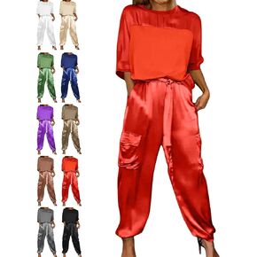 Satin Pants Set, Smooth Satin Half-Sleeved Top and Pants Set Casual Comfort Womens 2 Piece Outfits Silk Sets
