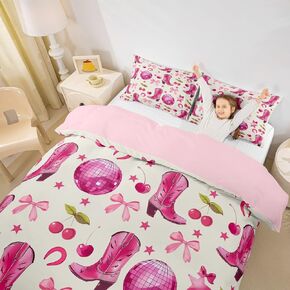 jejeloiu Cowgirl Comforter Cover Set Pink Bowknot Bedding Set for Kids Boys Girls Cowboy Boots Duvet Cover Disco Ball Bedspread Cover Bedroom Collection 2Pcs Toddler Size,No Comforter