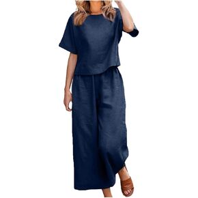 Two Piece Sets for Women Spring Summer Short Sleeve Button Shirt and Wide Leg Pants Casual Outfits Comfy Suit